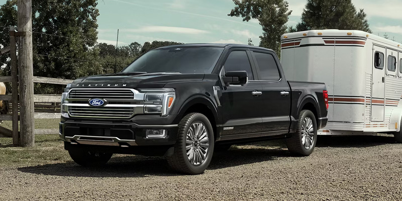 A black Ford F-150 Platinum towing a large white horse trailer on a gravel road next to a wooden fence.